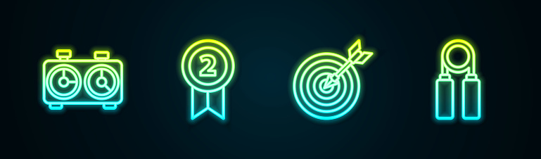 Set line Time chess clock, Medal, Target with arrow and Sport expander. Glowing neon icon. Vector.