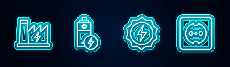 Set line Nuclear power plant, Battery, Lightning bolt and Electrical outlet. Glowing neon icon. Vector.