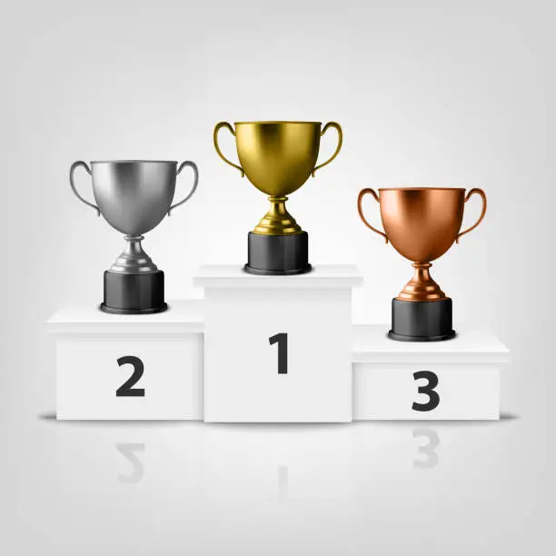 Vector illustration of Vector Blank Golden, Silver and Bronze Champion Cup on Winner Podium Isolated on White Background. Design Template of Championship Trophy. Sport Tournament Award, Winner Cup and Victory Concept