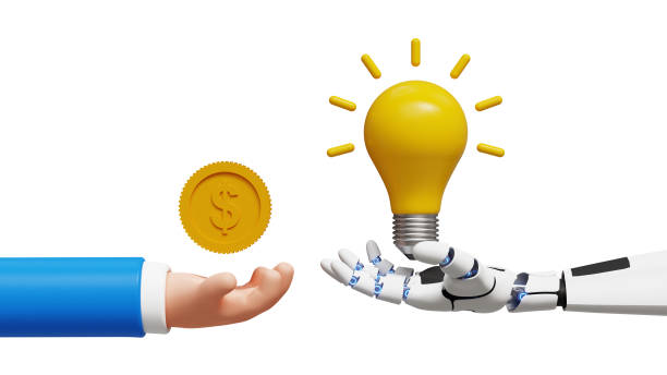 istock Discover opportunity. Get brilliant idea by AI. Make money with AI concept. 3D artificial intelligence robot hand holding bright idea lightbulb and human hand holding golden coin 2144265358