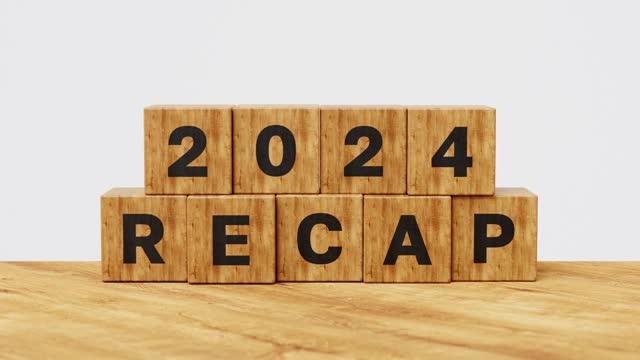 2024 Recap economy, business, financial summary, business review concept. Business plan for 2025. 2024 Recap on wooden cubes. 4k 3d animation
