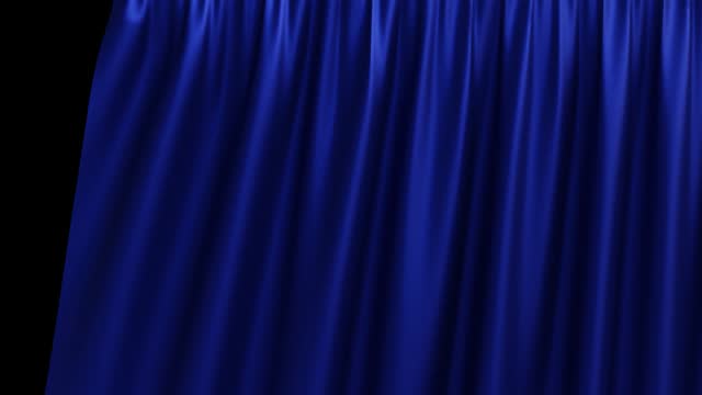 Blue Stage Curtain opening for theater or opera scene on green screen, white and black background. 3d animation