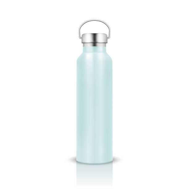 istock Vector Realistic 3d Blue Color Metal or Plastic Blank Glossy Reusable Water Bottle with Silver Bung Closeup Isolated on White Background. Design Template of Packaging Mockup. Front View 2144277176