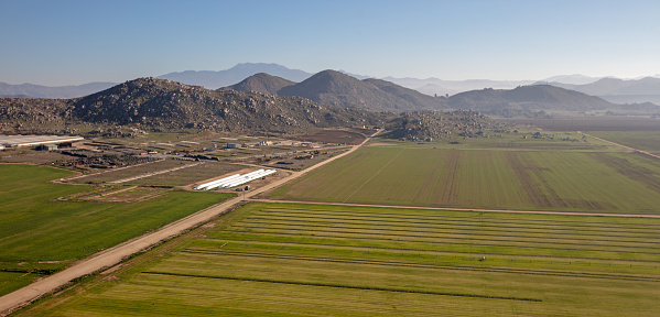 Aerial view of freshly cut alfalfa field in southern California United States