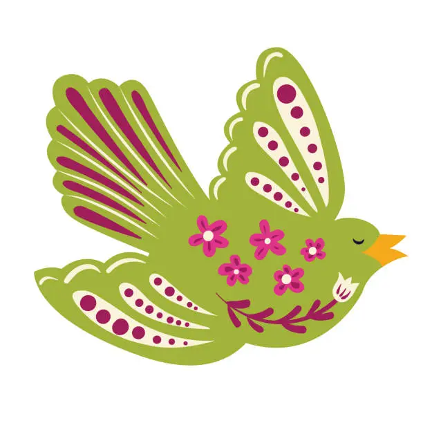 Vector illustration of Cute Folk Art Bird on Transparent Background