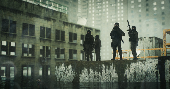 Digitally generated team of four special forces members equipped with tactical gear and stand ready on a city buildings rooftop during the flood, with a backdrop of skyscrapers suggesting an urban mission. Their posture indicates vigilance and preparation as they survey the area.

The scene was created in Autodesk® 3ds Max 2024 with V-Ray 6 and rendered with photorealistic shaders and lighting in Chaos® Vantage with some post-production added.