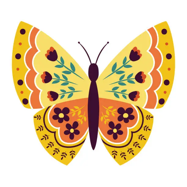 Vector illustration of Cute Folk Art Butterfly on Transparent Background