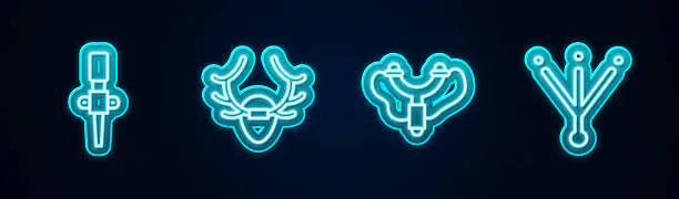 Vector illustration of Set line Torch flame, Deer antlers on shield, Slingshot and Bird footprint. Glowing neon icon. Vector