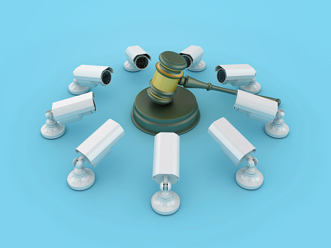 Legal Gavel with Security Cameras - Colored Background - 3D Rendering