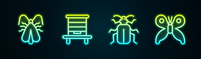 Set line Clothes moth, Hive for bees, Chafer beetle and Butterfly. Glowing neon icon. Vector.
