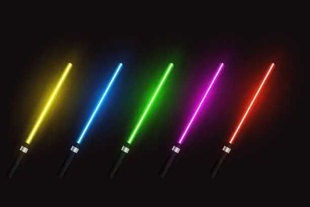 Vector illustration of Set of neon light weapons, vector illustration.
