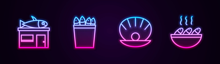 Set line Seafood store, Fishing bucket with fishes, Shell pearl and soup. Glowing neon icon. Vector.