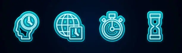 Vector illustration of Set line Time Management, World time, Stopwatch and Old hourglass. Glowing neon icon. Vector