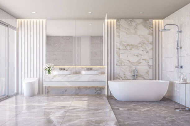 istock Modern style luxury white bathroom with marble stone 3d render 2144395052