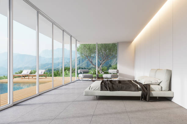 istock Minimal contemporary loft style bedroom with swimming pool and mountain view 3d render 2144395054
