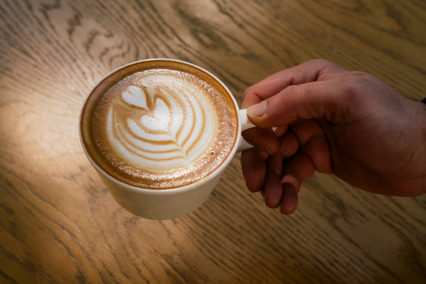 Top view of hot coffee latte cappuccino
