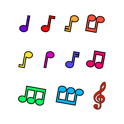 Set of colorful musical notes, abstract cartoon symbols, vector illustration.