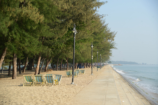 Beach deck chairs in the morning at Cha-am Beach.  Located at Phetchaburi Province in Thailand.
