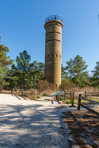A concrete tower at Cape Henlopen State Park, Lewes, Delaware, built during World War 2 to monitor the Atlantic Ocean coastline for enemy ships.