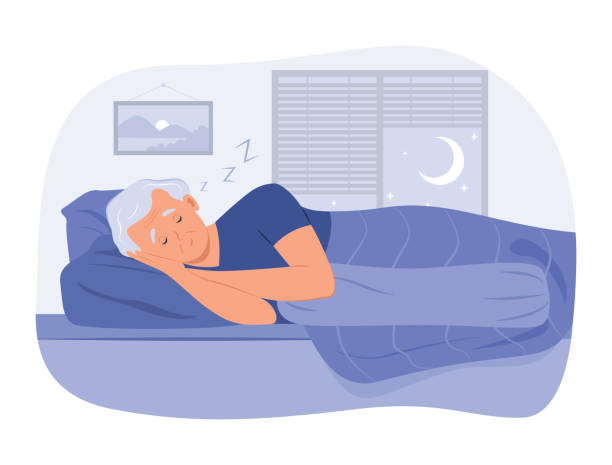 Elderly Man Sleeping in Bed at Night Elderly man sleeping in bed at night for healthy concept illustration drawing of mattress stock illustrations