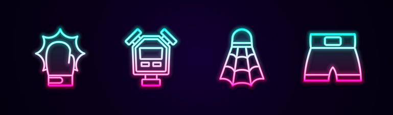 Set line Punch in boxing gloves Stopwatch Badminton shuttlecock and Boxing short. Glowing neon icon. Vector.