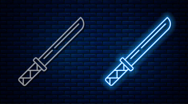 glowing neon line traditional japanese katana icon isolated on brick wall background. japanese sword. vector - samurai battle conflict outline stock illustrations