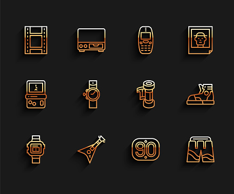 Set line Wrist watch Electric bass guitar Play Video 90s Retro Short or pants Sport sneakers and Camera roll cartridge icon. Vector.