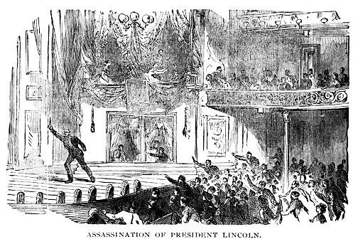 President Abraham Lincoln was assassinated by John Wilkes Booth April 14, 1865, at Ford's Theater Washington DC, USA.  Illustration engraving published 1895. This edition  is in my private collection. Copyright is in public domain.