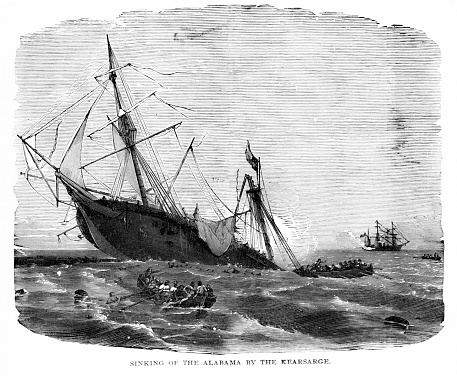 Battle off the Cherbourg, French coast, the USS Kearsarge sinks CSS Alabama  during the American Civil War. Illustration published in 1895. Copyright expired; artwork is in Public Domain.