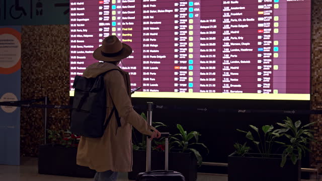 Woman Checks Flight on Arrival Departure Board at Airport. Airport message board.
