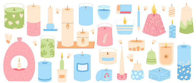 Scented candles various shapes set. Wax, soy, paraffin candles . Aroma spa accessories for relax collection isolated on white background. Interior cosy home decor items. Vector flat illustration.