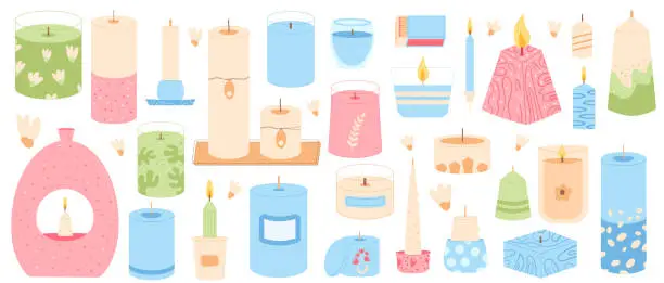 Vector illustration of Scented candles various shapes set. Wax, soy, paraffin candles . Aroma spa accessories for relax collection isolated on white background. Interior cosy home decor items. Vector flat illustration.