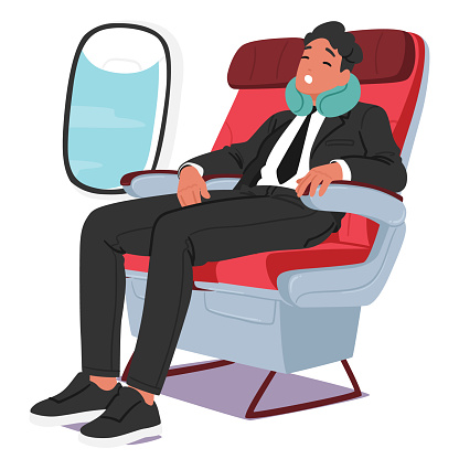 Suited Businessman On Plane, Eyes Closed, With A Neck Pillow, Symbolizing Brief Respite Amidst His Hectic Schedule. Male Character in Formal Suit Sleep in Airplane. Cartoon People Vector Illustration
