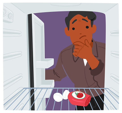 Thoughtful Male Character, Engulfed By The Stark Emptiness Of His Fridge, Rummages With A Hopeful Gaze, Searching For A Semblance Of Sustenance Amidst The Barren Shelves. Cartoon Vector Illustration