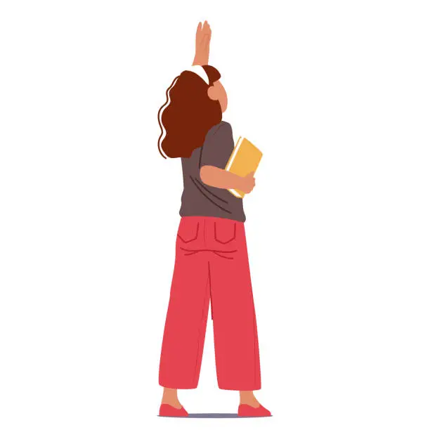 Vector illustration of Curios Girl Character with a Book in Hand Back View. Child Extends An Arm Upwards, Looking Up, Wonder Evident In Pose