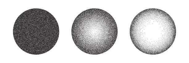 Vector illustration of Circles with grain noise texture set vector illustration. Abstract spheres with gradient stipple pattern, globes with gradation to fade of monochrome grainy dots or noise dust on white background