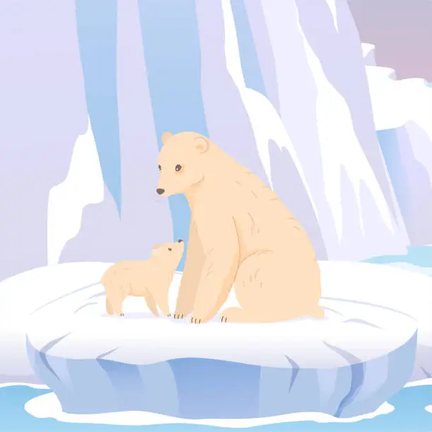 Vector illustration of Polar bear with cub in north pole on arctic iceberg. Cartoon cute nature winter ice cold freeze antarctica landscape with white bears on floe and snow mountains hills. Global climate warming problem