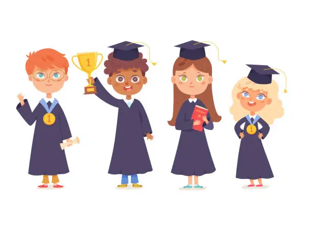 Vector illustration of Kids graduates standing in row, cute happy little characters in academic gowns and hat