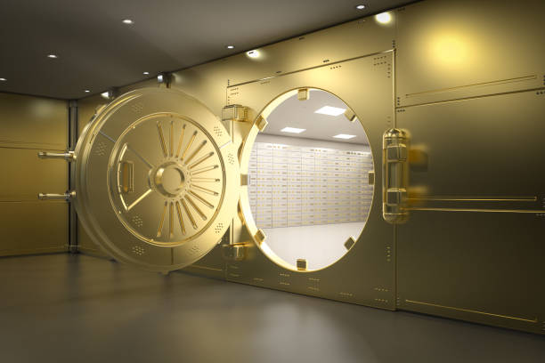 istock Golden bank vault door open 2144546850