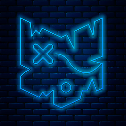 Glowing neon line Pirate treasure map icon isolated on brick wall background. Vector.