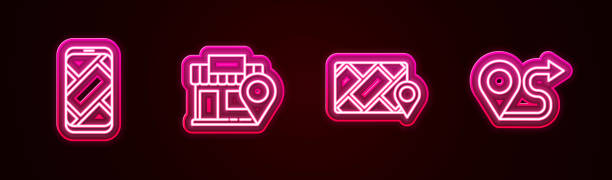 istock Set line City map navigation, Location with store, and Route location. Glowing neon icon. Vector 2144595682