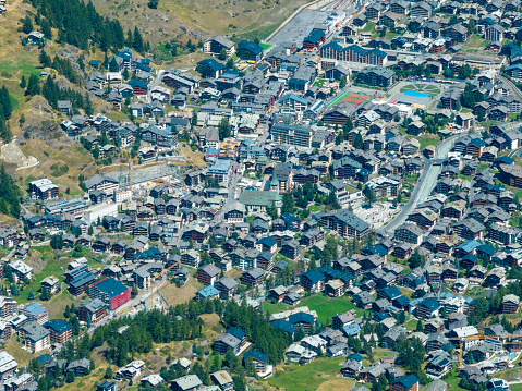 Zermatt town valley aerial panoramic view in the Valais canton of Switzerland.