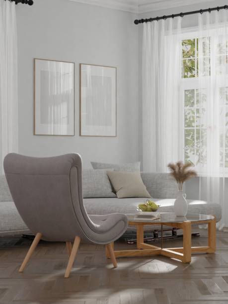 istock Frame mockup, interior frame, poster wood frame element and living room cozy in empty picture interior sofa and table wooden floor There in illustration 3d rendering. 2144611701