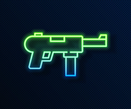 Glowing neon line Submachine gun M3, Grease gun icon isolated on blue background. Vector.
