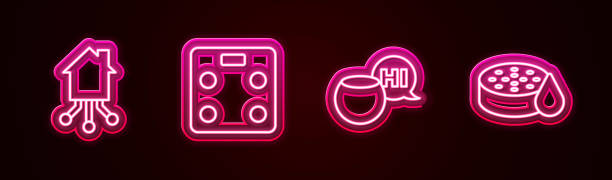 istock Set line Smart home, bathroom scales, Voice assistant and Water sensor. Glowing neon icon. Vector 2144615283