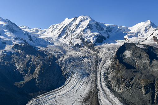 Panoramic view of the Gorner Glacier. It is located in Zermatt, Switzerland, and it is the second largest glacier in the Alps.