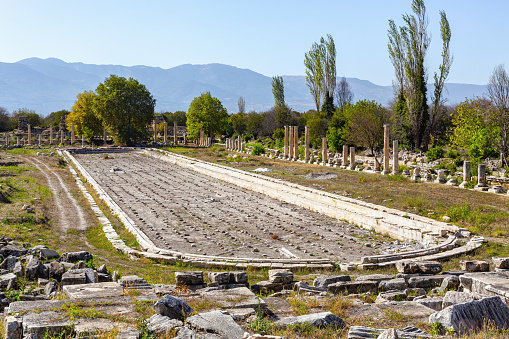 Aphrodisias agora ruins, column remnants, stone steps, mountains, trees, blue sky. Geyre, Aydin, Turkey (Turkiye)