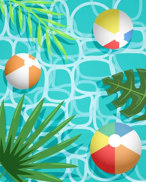 Vector illustration of Summer vector background with beach balls and leaves, for banners, postcards, flyers, wallpapers for social networks, etc.