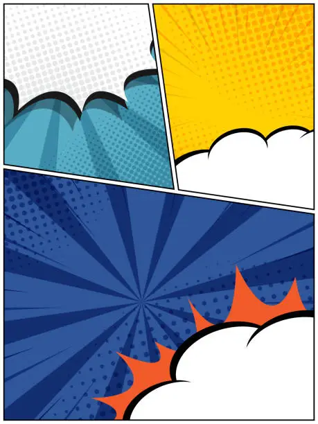 Vector illustration of vertical abstract comic book, pop art cartoon layout template halftone dotted background