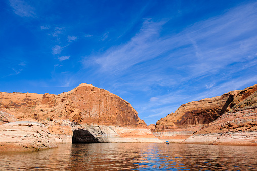 Boating and Fishing on Lake Powell - Recreating in the great outdoors in scenic red rock canyon walls on Lake Powell/Colorado River.